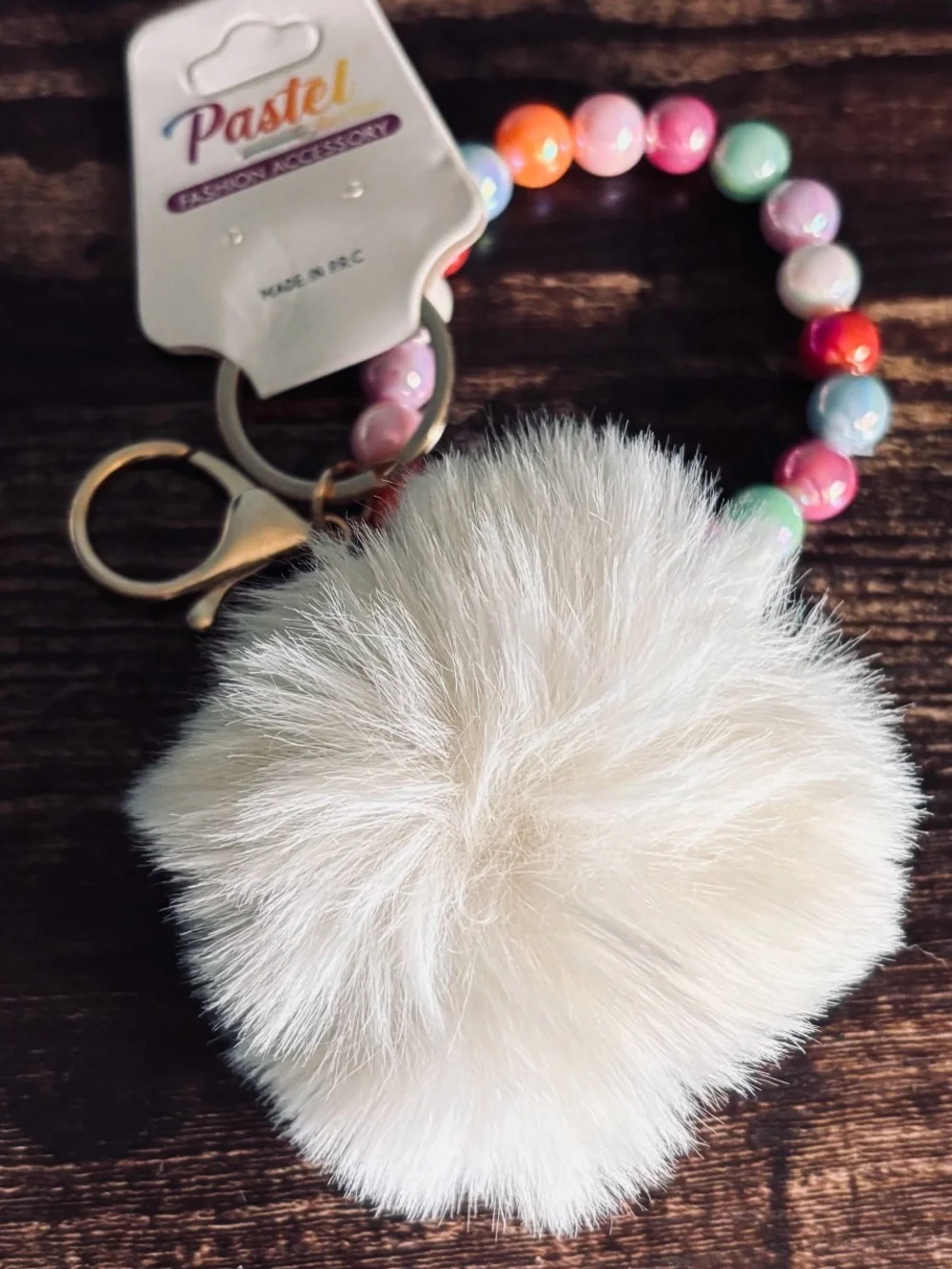 Pastels Multicolor Beaded Keyring with Cream Pom Pom